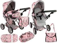 Lėlių vežimėlis 2in1, rožinė gėlėta - 4