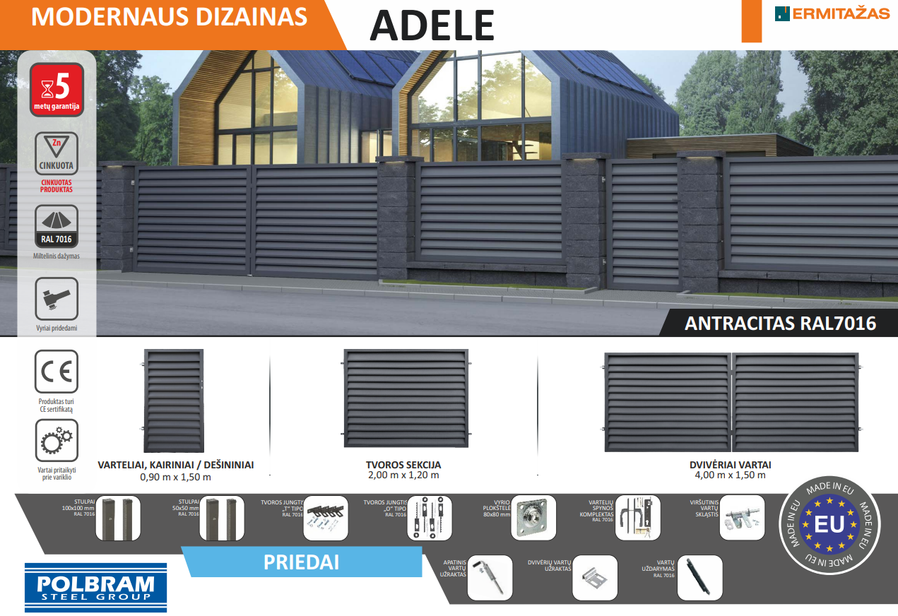 Dekoratyviniai varteliai POLBRAM Adele, dešininiai, cinkuoti, antracito sp., 1500 x 900 mm - 3