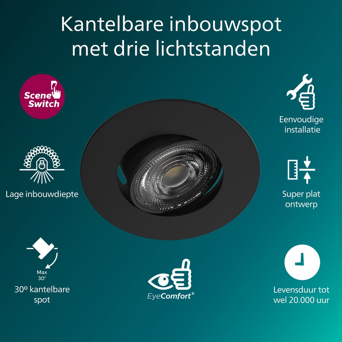 Įleidžiamas LED šviestuvas PHILIPS CILANTRO, 5W 4000K 550lm, dimeriuojamas juodos sp, Ø9cm-1