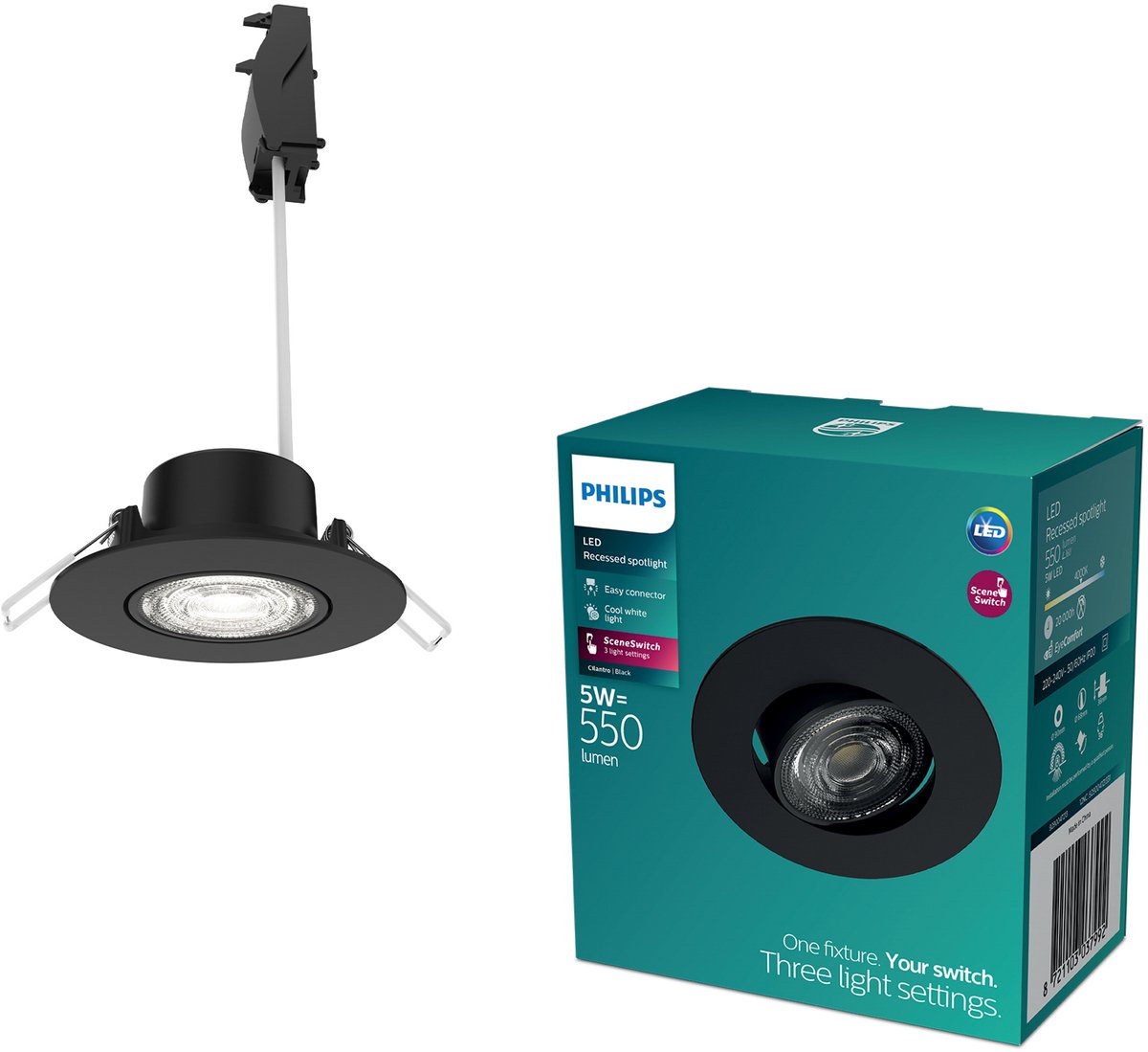 Įleidžiamas LED šviestuvas PHILIPS CILANTRO, 5W 4000K 550lm, dimeriuojamas juodos sp, Ø9cm-0