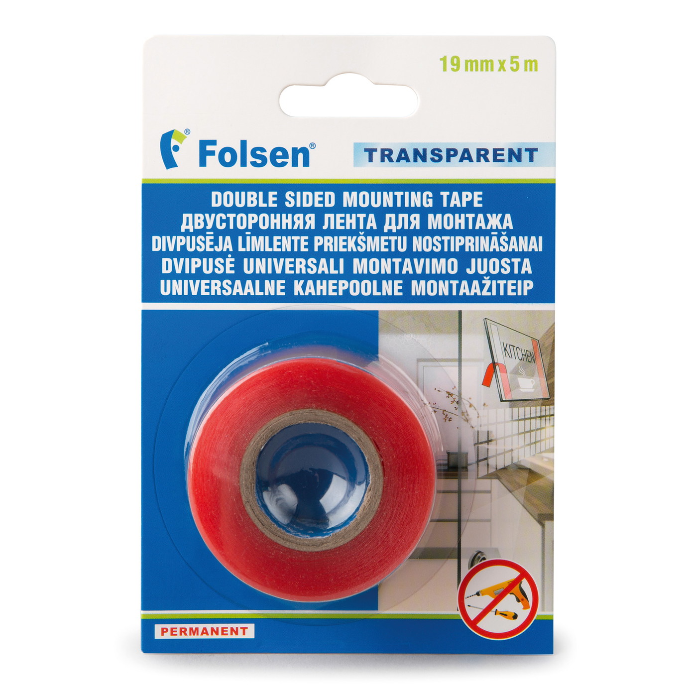 Dvipusė lipni juosta FOLSEN, 19 mm x 5 m, skaidri, PET-0