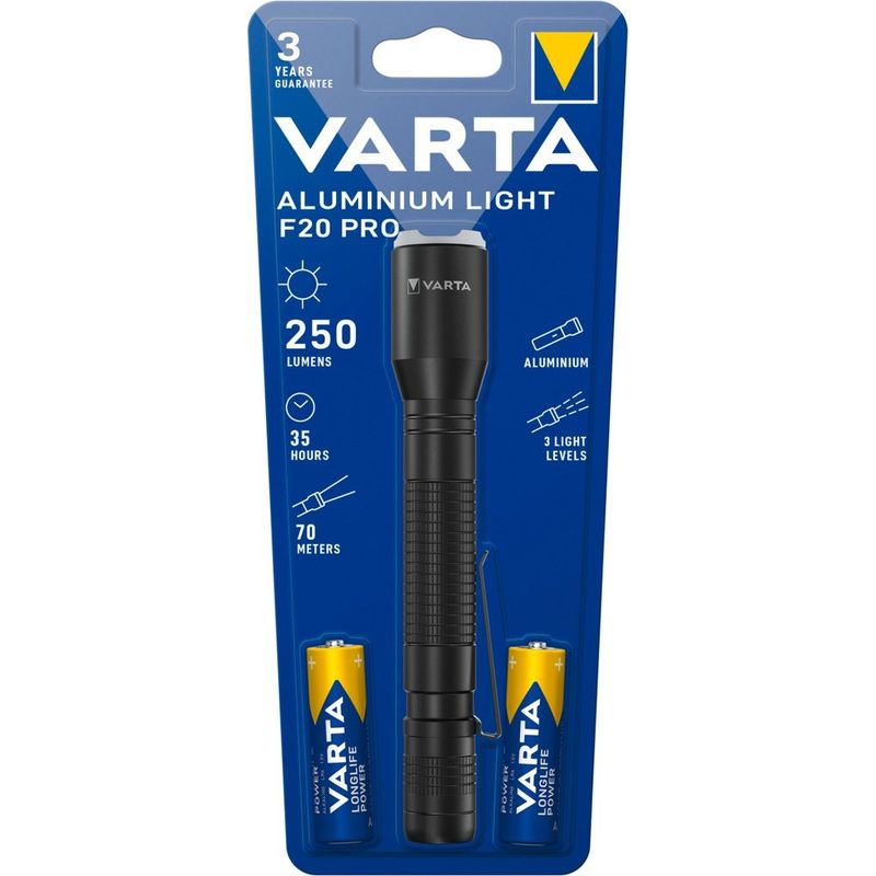 LED žibintuvėlis VARTA Aluminium Light F20 Pro, 250 lm, elementai 2xAA (įeina), juodos spalvos-0