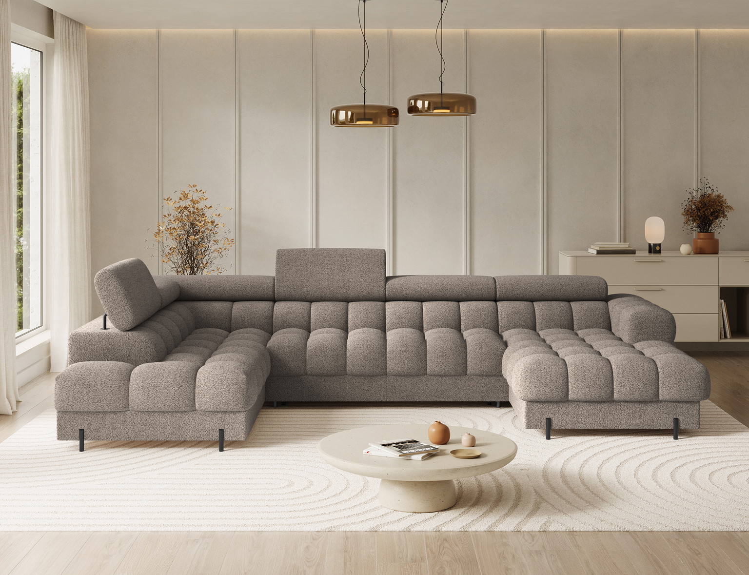 Kampinė sofa - lova Feraria Royal 20, rusva spalva, dešininė, 202 x 358 cm x 93 cm-1