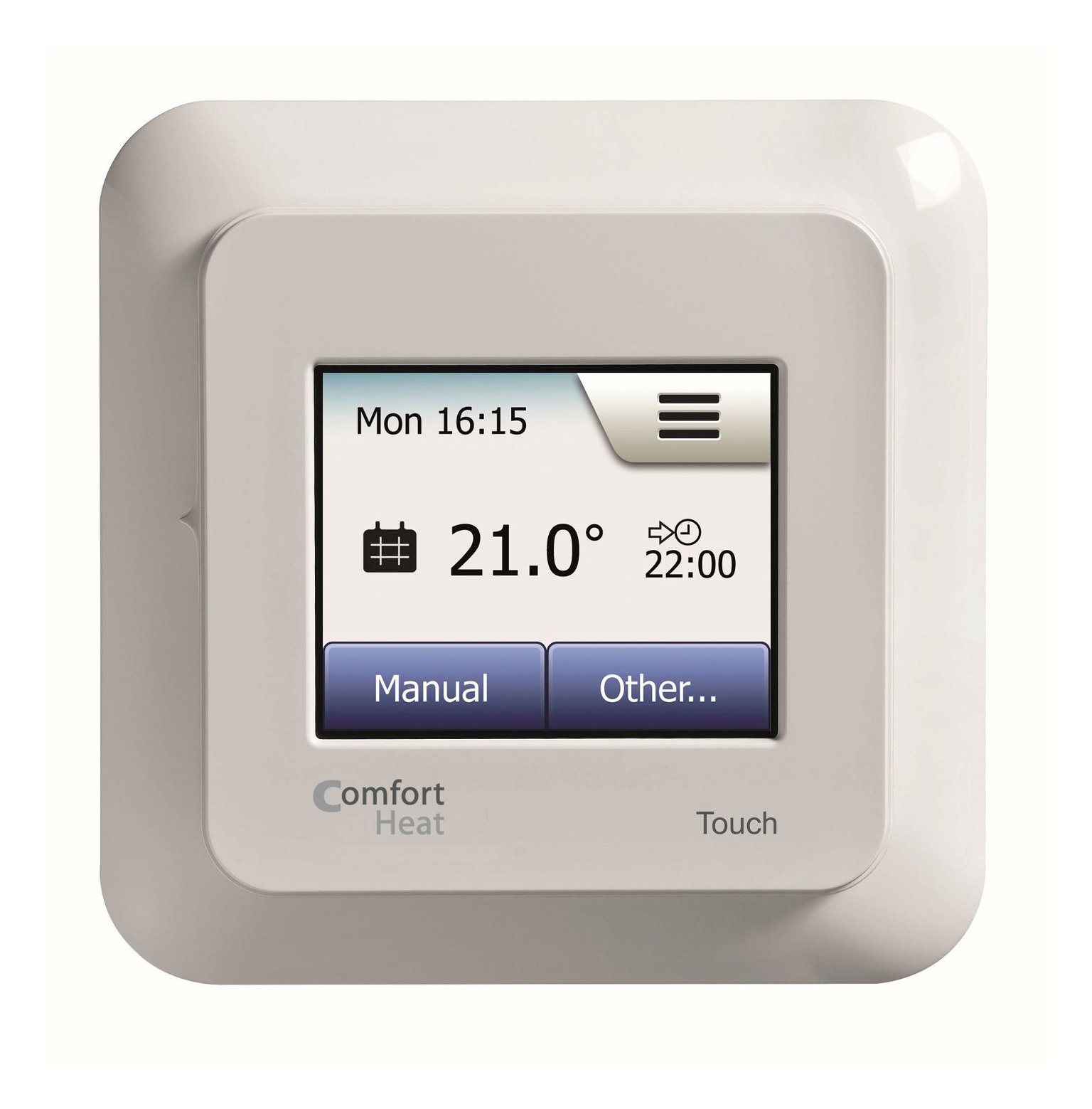 Termostatas COMFORT TOUCH, programuojamas, liečiamu ekranu, su grindų temperatūros davik.