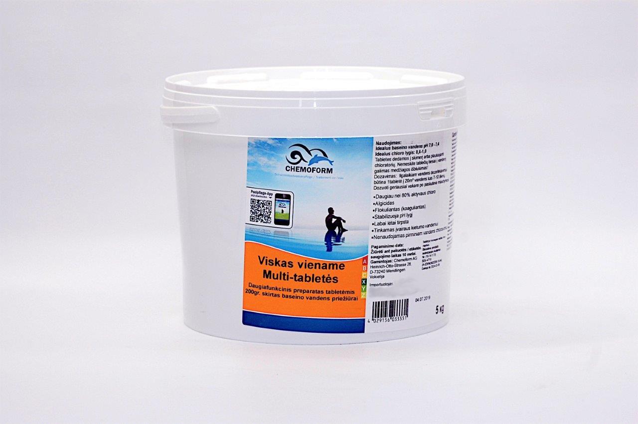 Daugiafunkcinis preaparatas 200g tabletėmis (lėtas chloras, flokuliantas, algicidas), 5 kg-0
