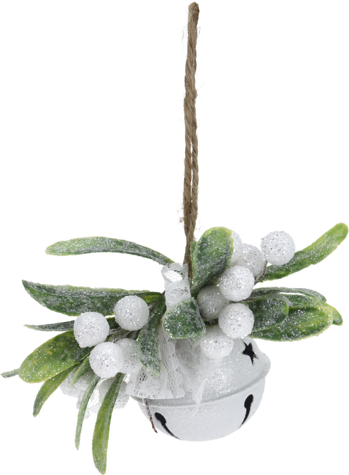 Kalėdinė pakabinama dekoracija BELL BERRY BRANCH, baltos/žalios sp., 7,5 cm