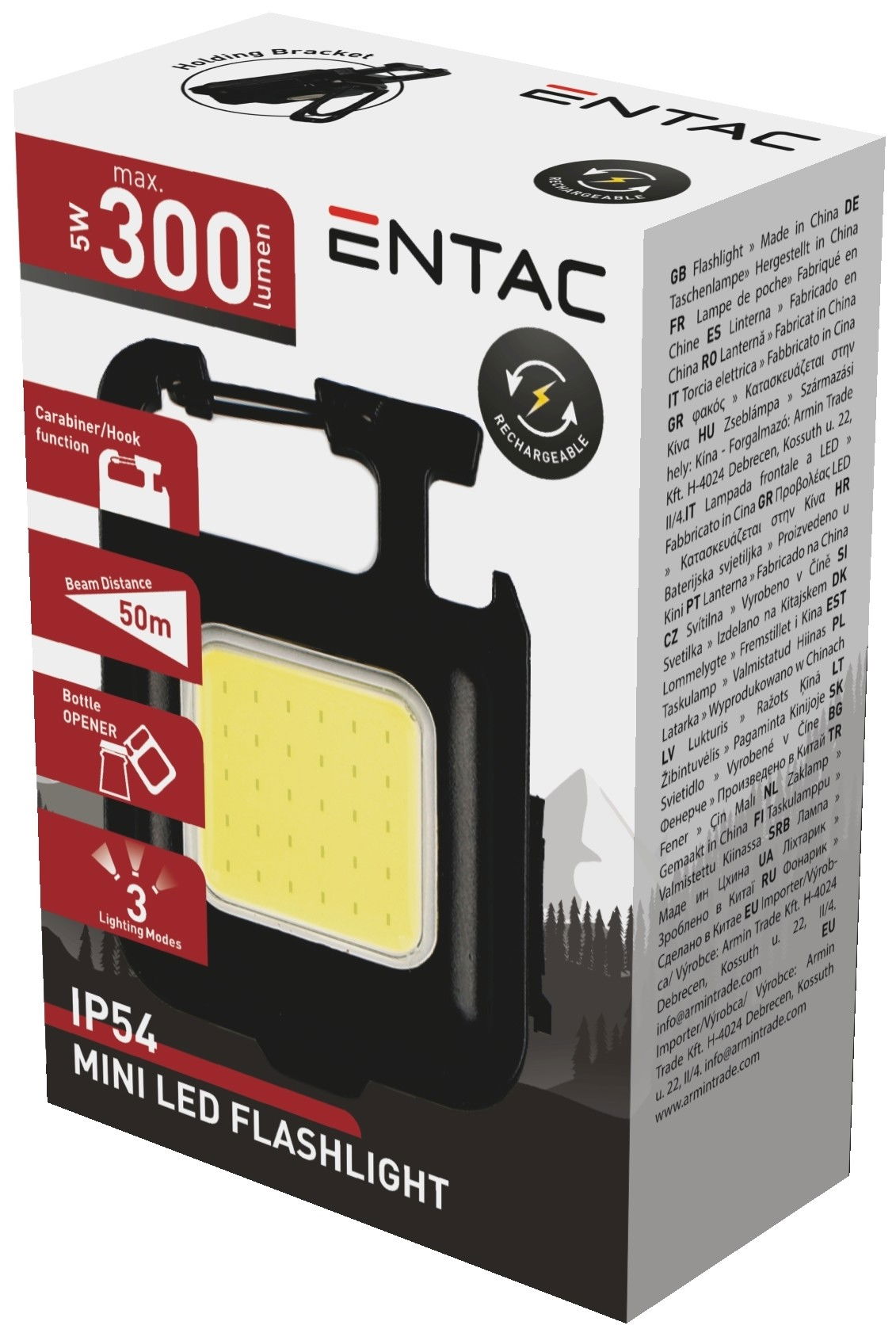 LED žibintuvėlis ENTAC, IP54, 5W, 300lm, 200mAh, pakraunamas, USB, su pakabuku-0