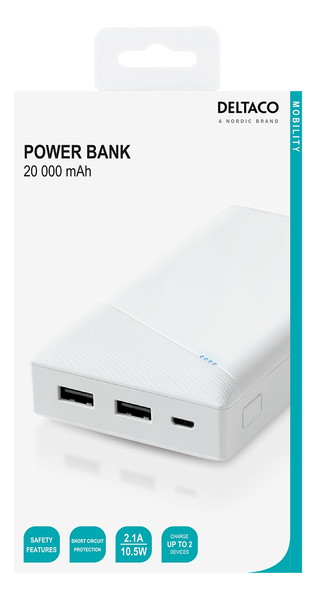 Išorinė baterija DELTACO, 20000 mAh, 2.1 A / 10.5 W, 74 Wh, 2x USB-A, baltos sp. / PB-A1002-1