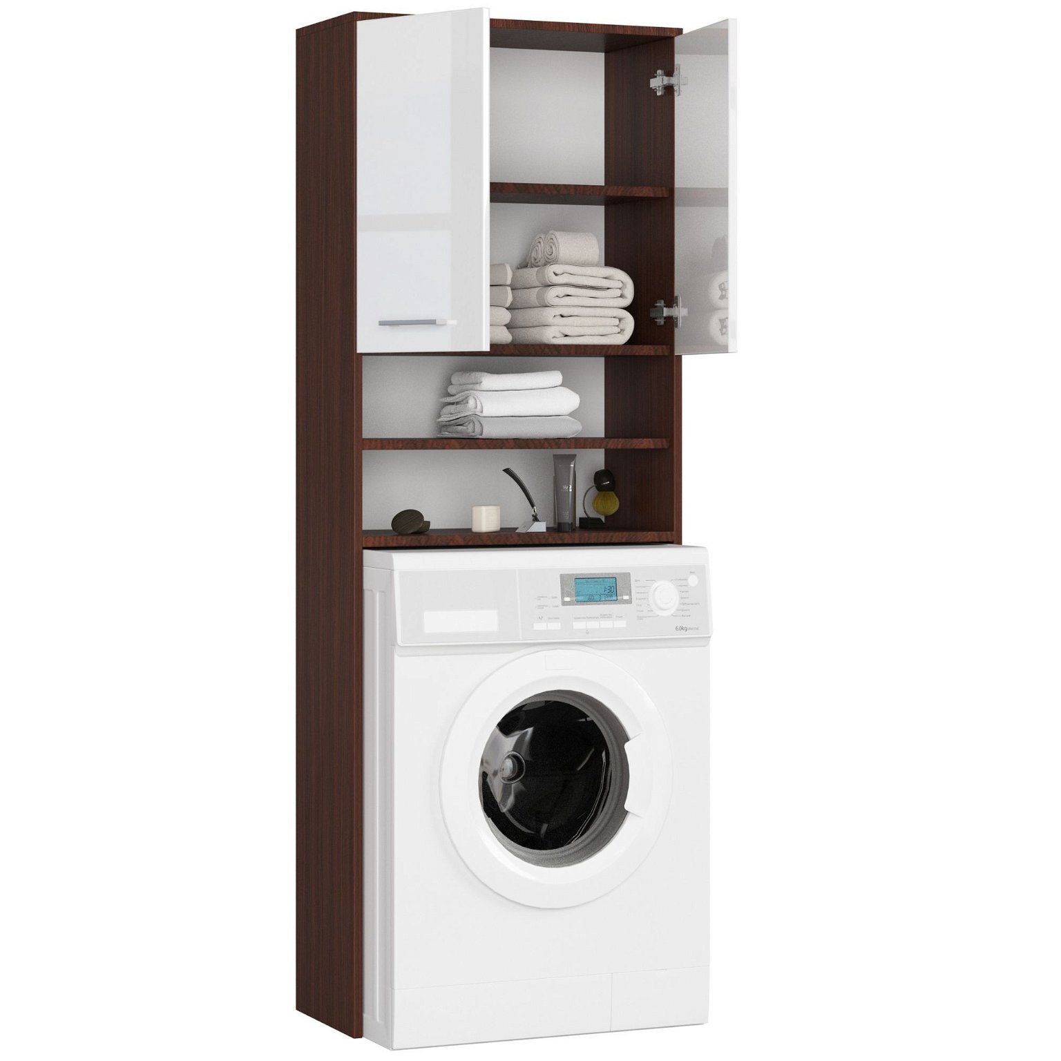 Pastatoma vonios spintelė virš skalbimo mašinos FIN 2D, 60 cm, venge/balta blizgi - 3