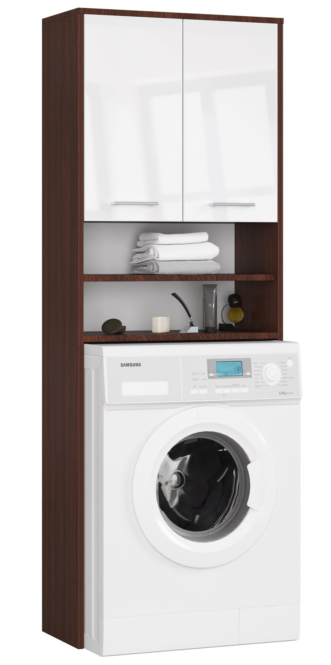 Pastatoma vonios spintelė virš skalbimo mašinos FIN 2D, 60 cm, venge/balta blizgi - 2
