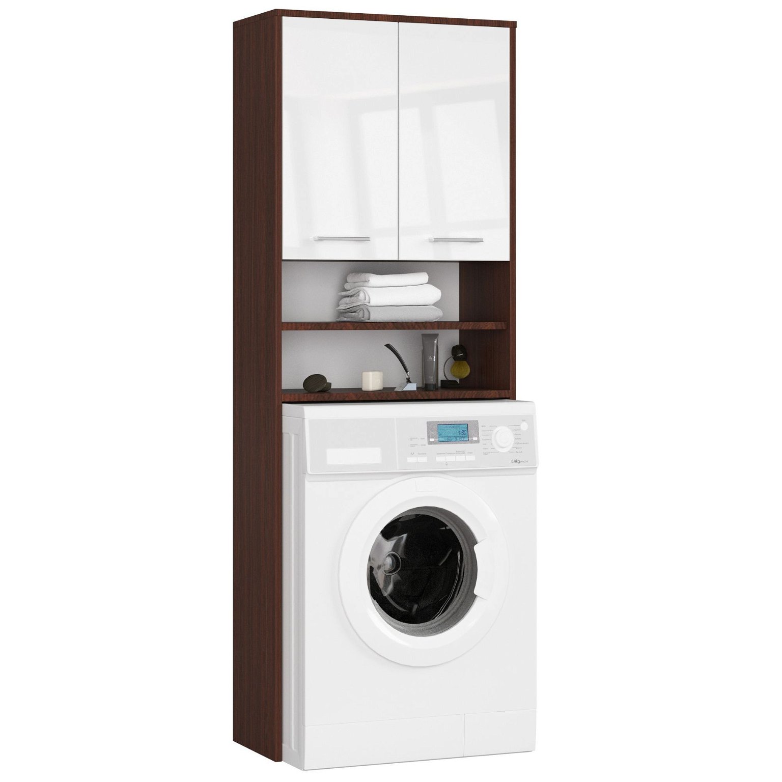 Pastatoma vonios spintelė virš skalbimo mašinos FIN 2D, 60 cm, venge/balta blizgi