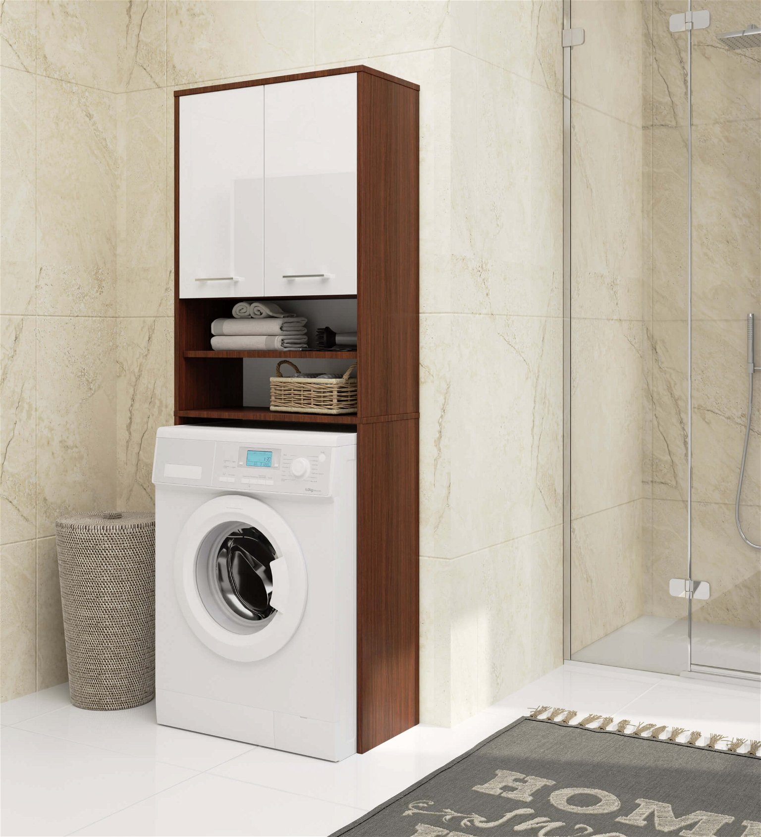 Pastatoma vonios spintelė virš skalbimo mašinos FIN 2D, 60 cm, venge/balta blizgi - 5