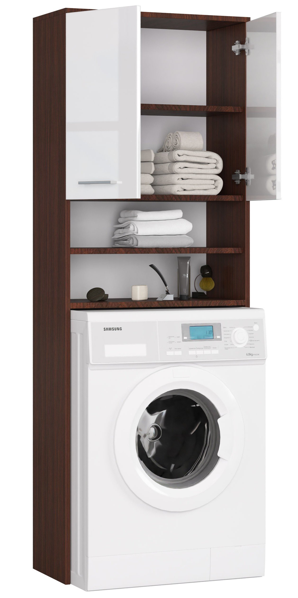 Pastatoma vonios spintelė virš skalbimo mašinos FIN 2D, 60 cm, venge/balta blizgi - 6