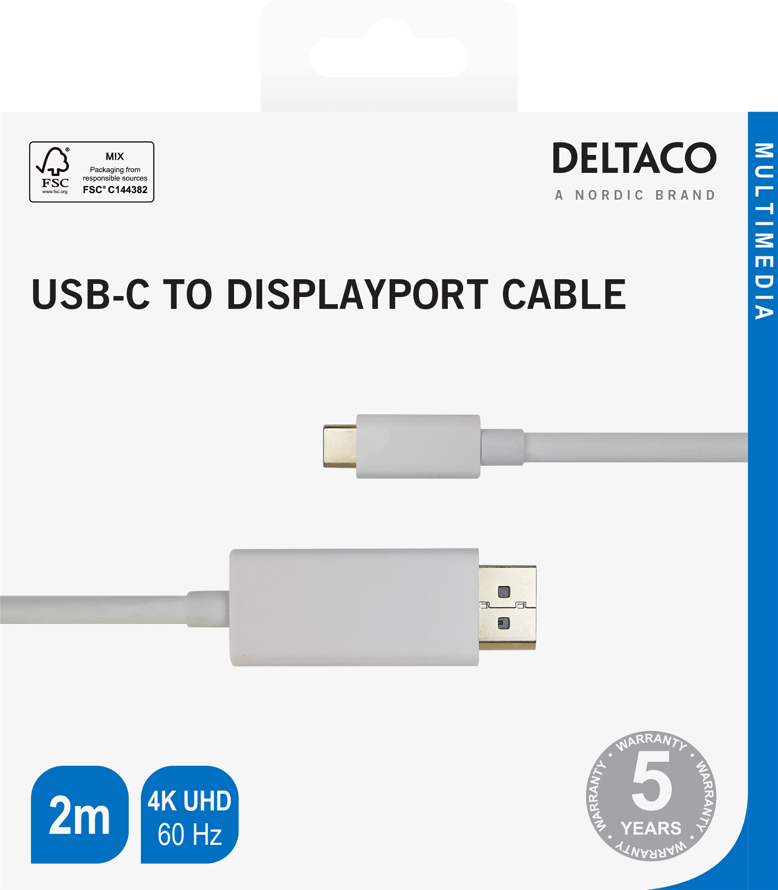 Kabelis DELTACO USB-C - DisplayPort, paauksuotos jungtys, 2m - 3
