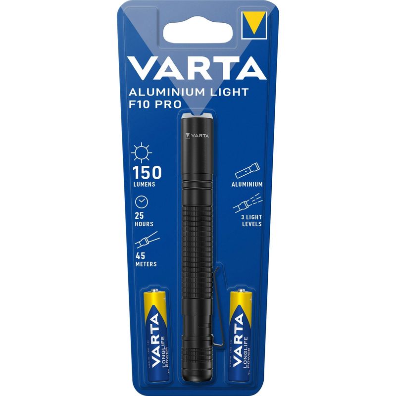 LED žibintuvėlis VARTA Aluminium Light F10 Pro, 150 lm, elementai 2xAAA (įeina), juodos spalvos-0