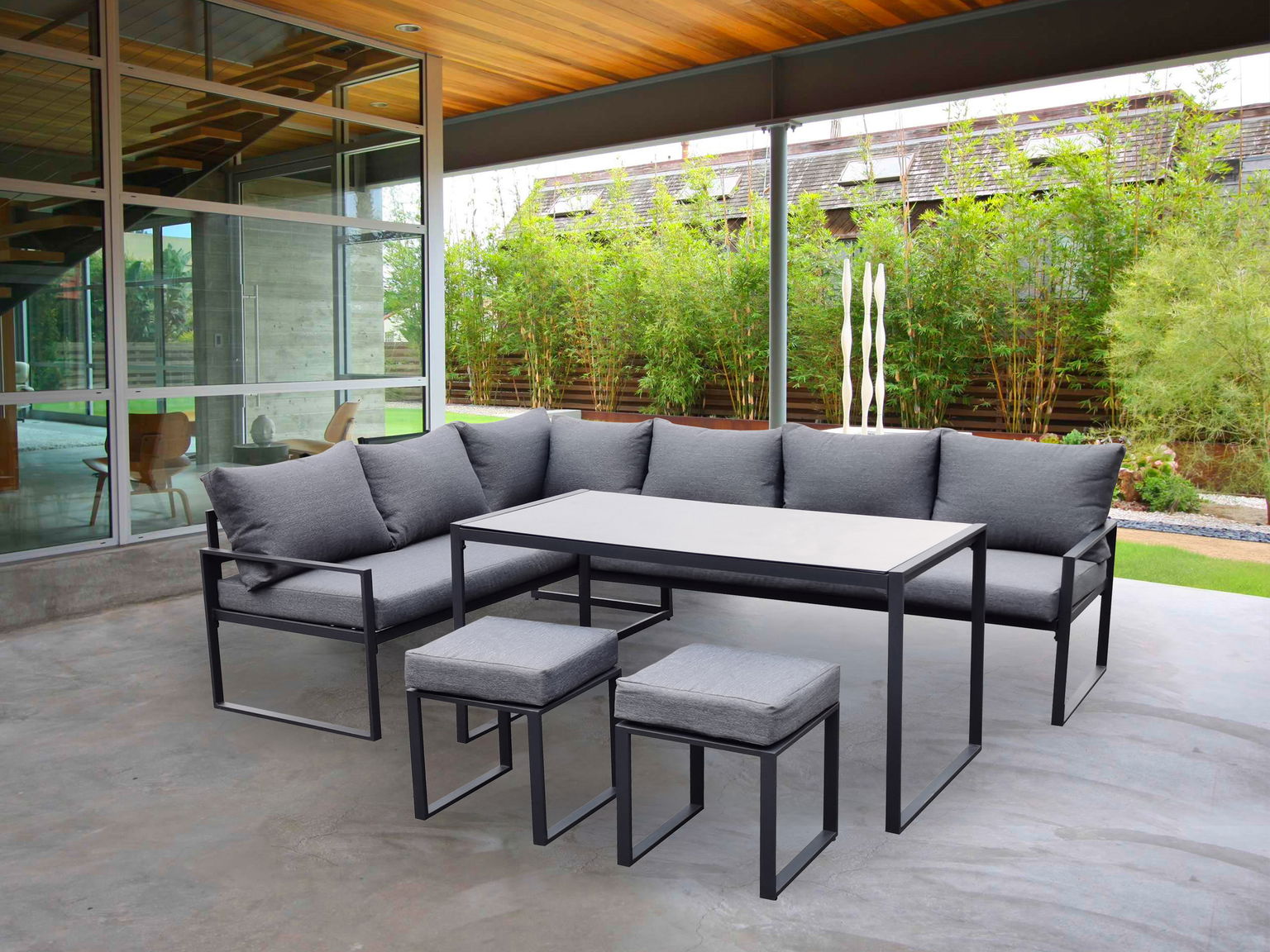 Lauko baldų komplektas Leipcig, 3 vietų kampinė sofa, 3 vietų sofa, stalas ir pufas - 2