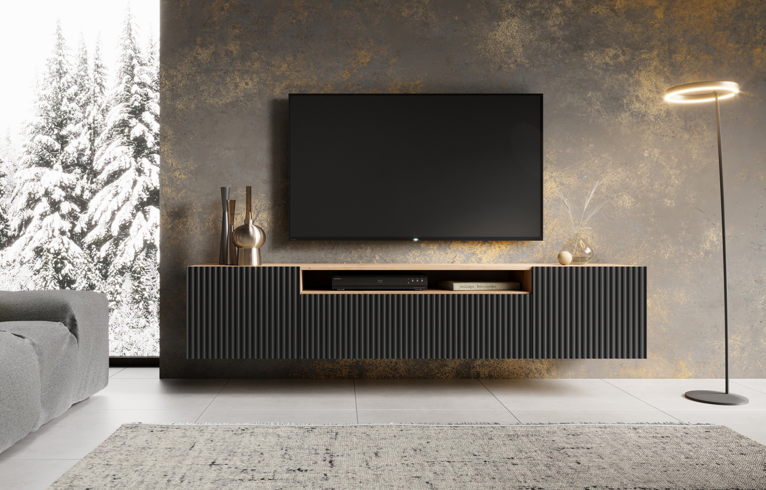 TV spintelė NOEMI, ąžuolo/juoda-0