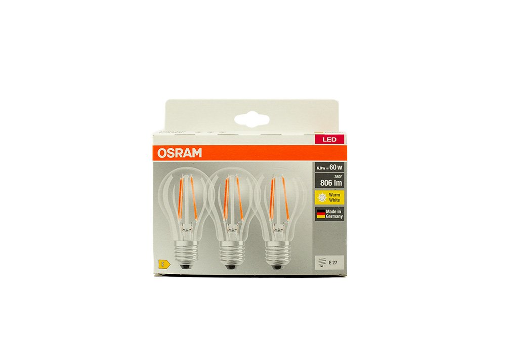 LED lemputės OSRAM FILAMENT BASE CLASSIC, E27, A60, 2700 K, 7 W, 806 lm, non-dim, 3 vnt