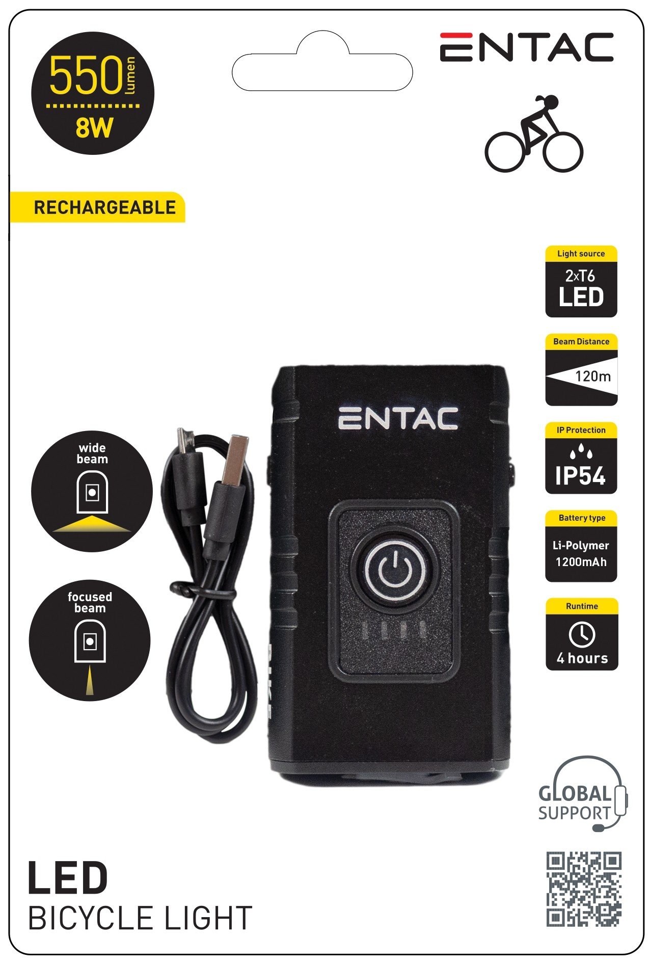 LED žibintuvėlis dviračiui ENTAC, IP54, 8W, 550 lm, pakraunamas USB, 1250 mAh (įmontuotas) - 3
