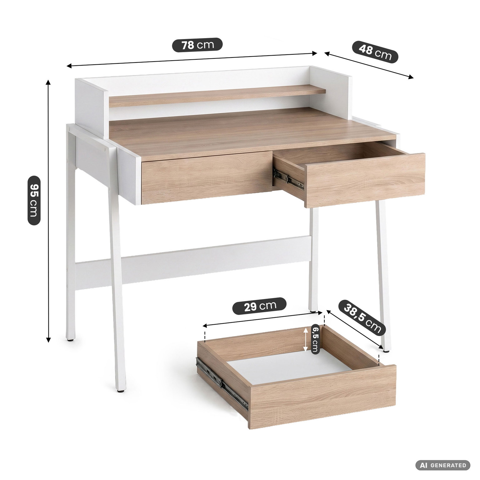Rašomasis stalas su stalčiais Akord Furniture Factory Flux, 48 cm x 78 cm, 95 cm, balta sp./sonoma ąžuolo sp. - 3