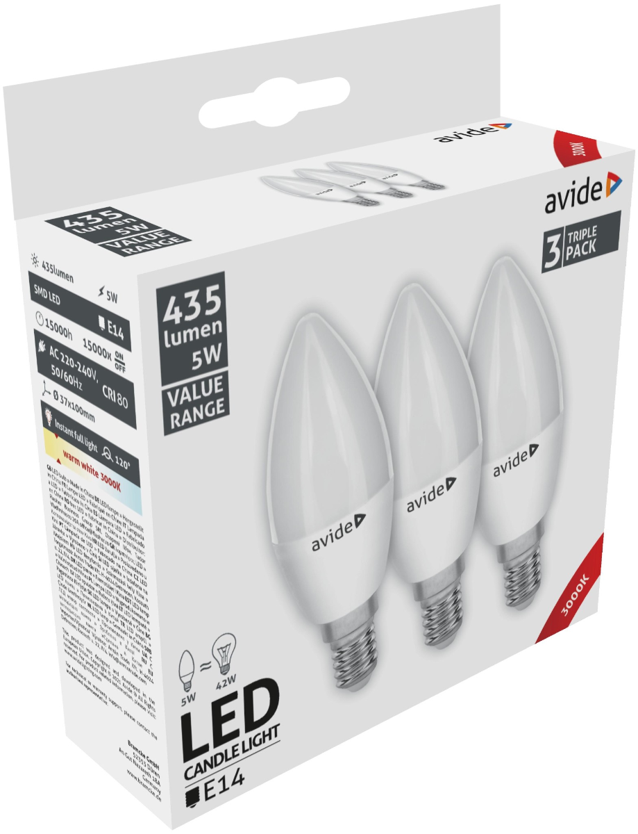 LED lemputės AVIDE, E14, 5W (=42W), 3000K, 220-240V, 435 lm, 3 vnt