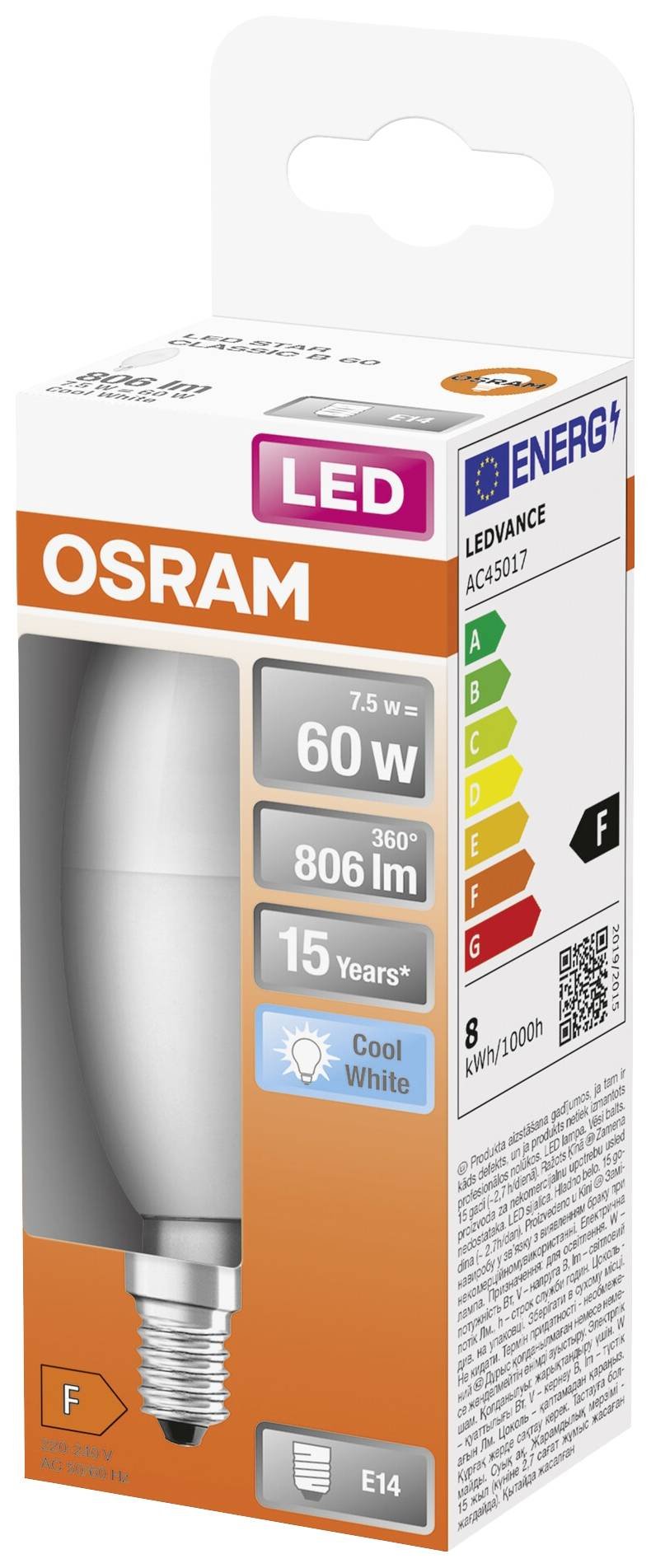 LED lemputė OSRAM, E14, B60, žvakės formos, 7W, 4000K, 806 lm, non-dim, matinė - 2