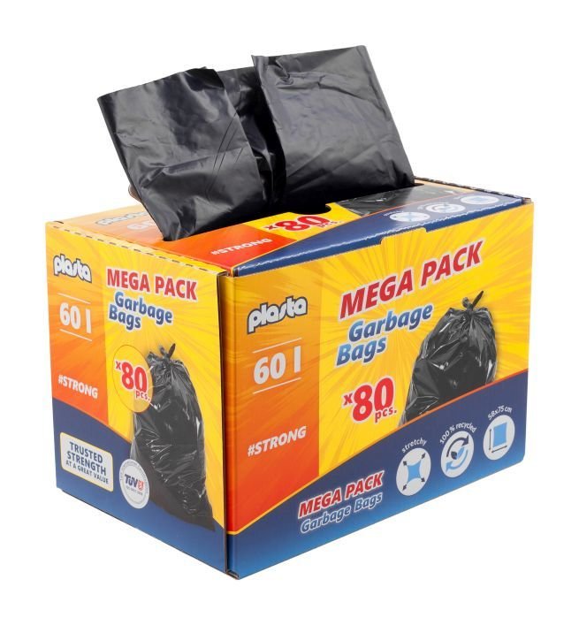 Šiukšlių maišai MEGA PACK, juodos sp., 25 mikr., 60 l, 80 vnt.