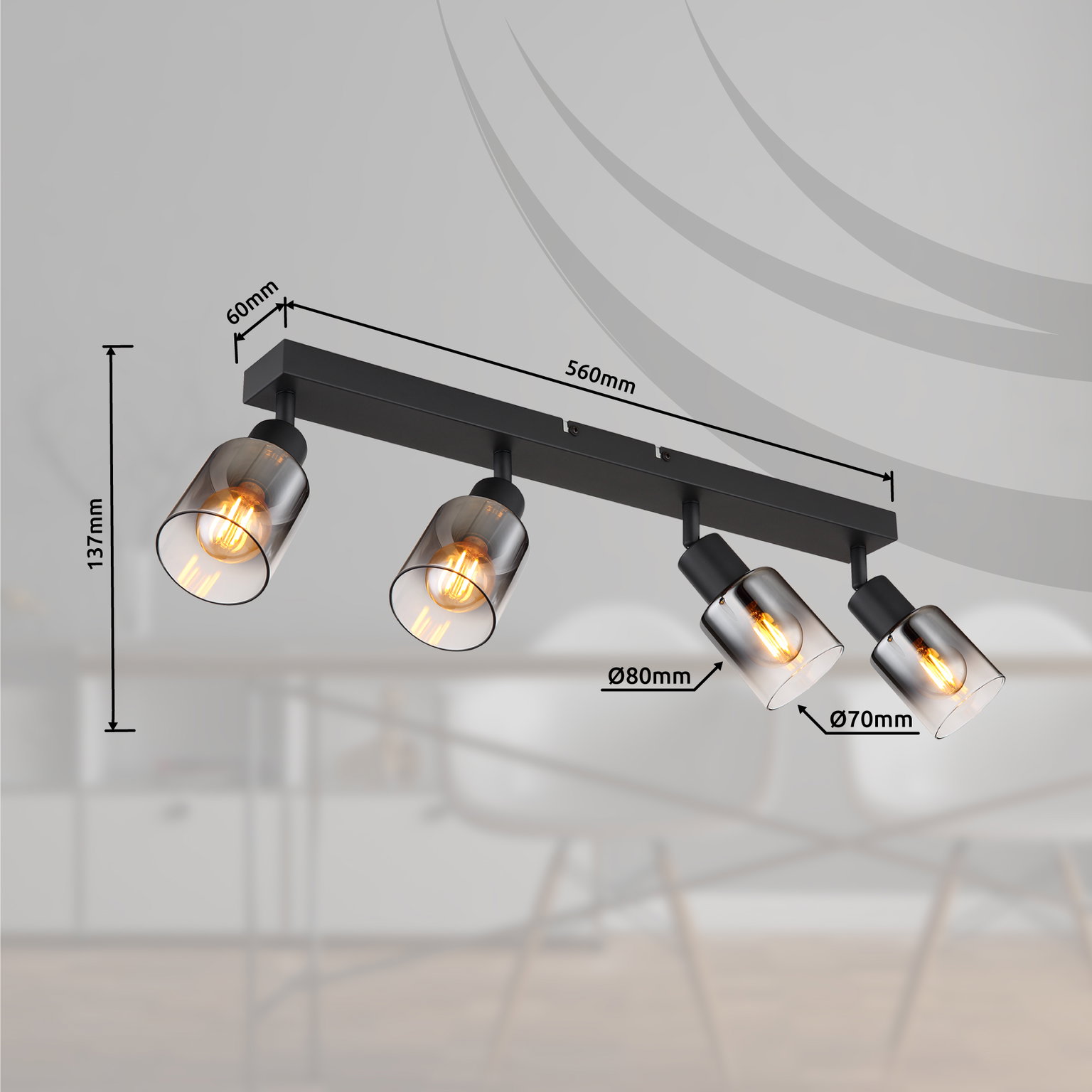 Taškinis šviestuvas GLOBO HUBERTUS, 4 x E14, 40W, 230V, matinės juodos sp, 7 x 56 x 14 cm - 4