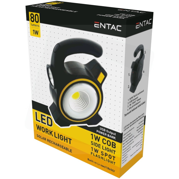 LED žibintuvėlis ENTAC, IP20, 1W + LED nuo saulės, 80 lm, pakraunamas USB, 4,5 x 12,7 x 17 cm-0