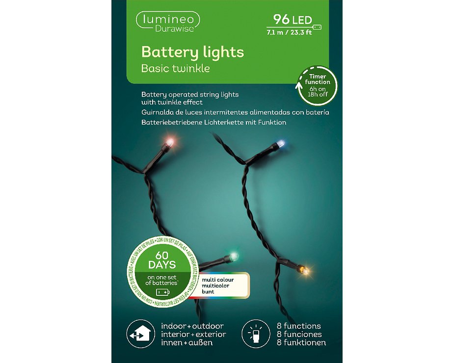 El. lauko girlianda LUMINEO DURAWISE BASIC TWINKLE, 96 LED IP44 RGB keičia spalvas 8 rež 3xAA, 7,1m - 5