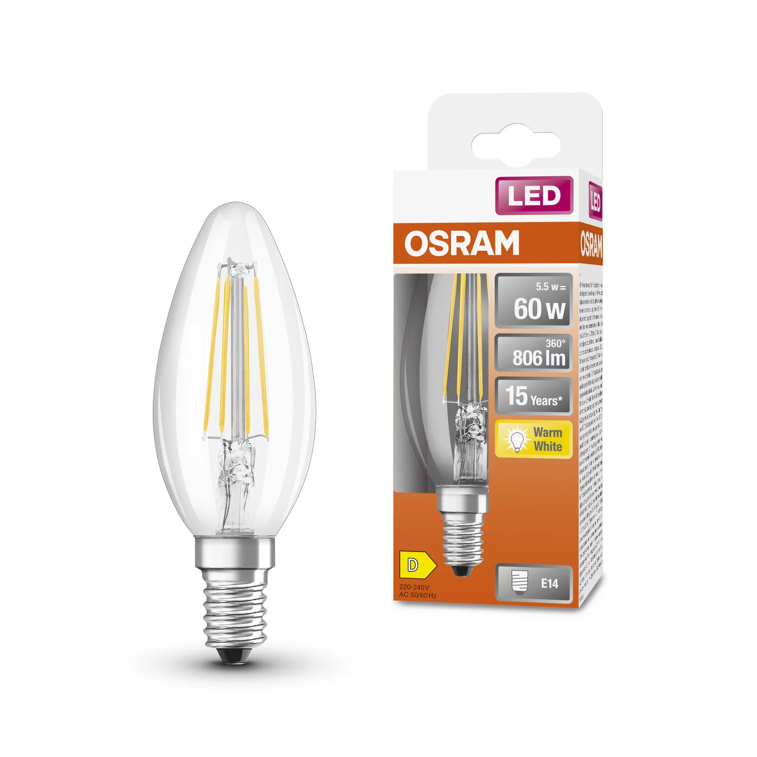 OSRAM Žvakės formos LED FILAMENT lemputė B60, 6W, 2700K, E14, non-dim 806LM - 3