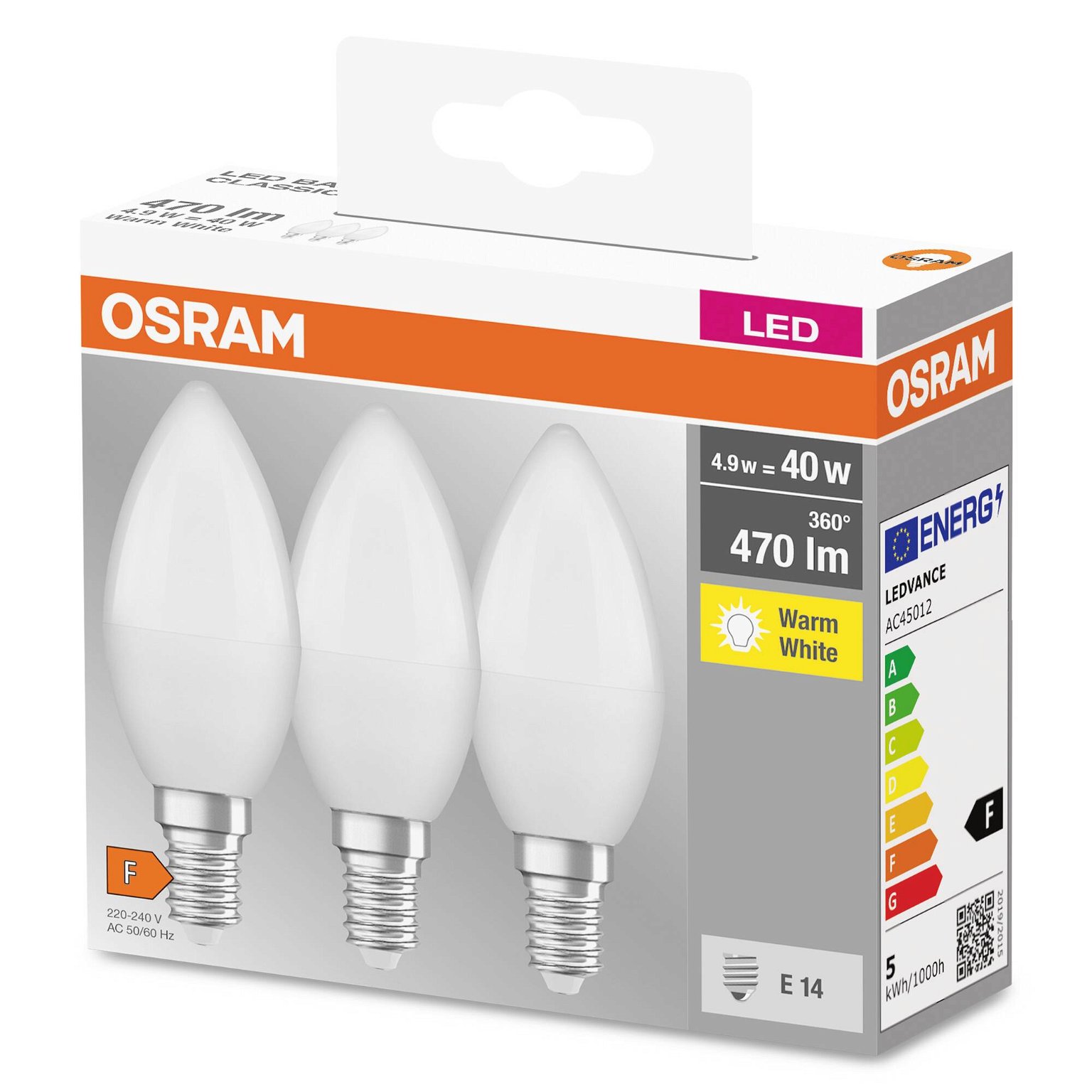 LED lemputės OSRAM Base Classic, E14, B40, žvakė, 4,9W, 2700K, 470lm, non-dim, 3vnt
