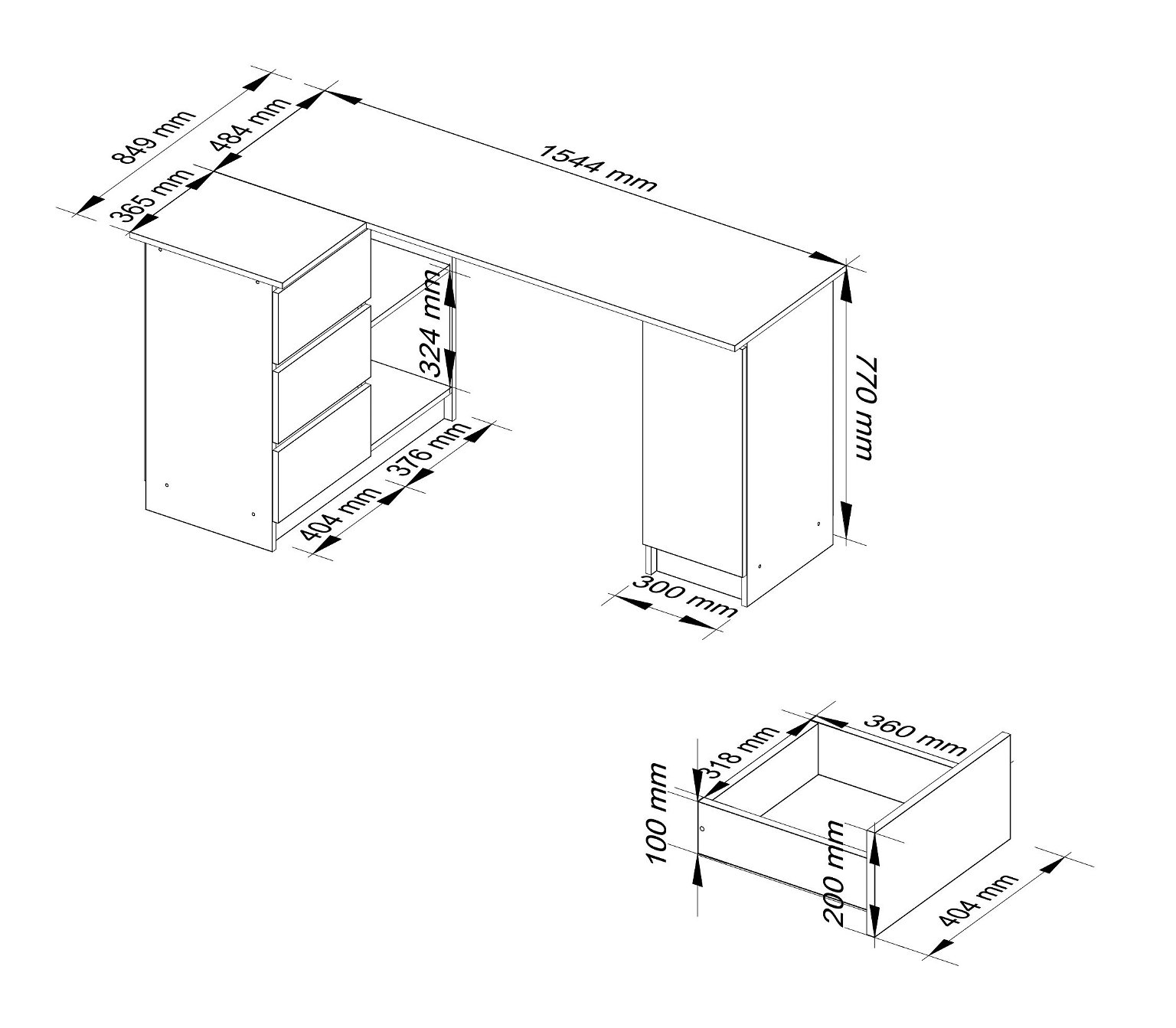 Kampinis rašomasis stalas B20, kairinis, balta/juoda blizgi-2