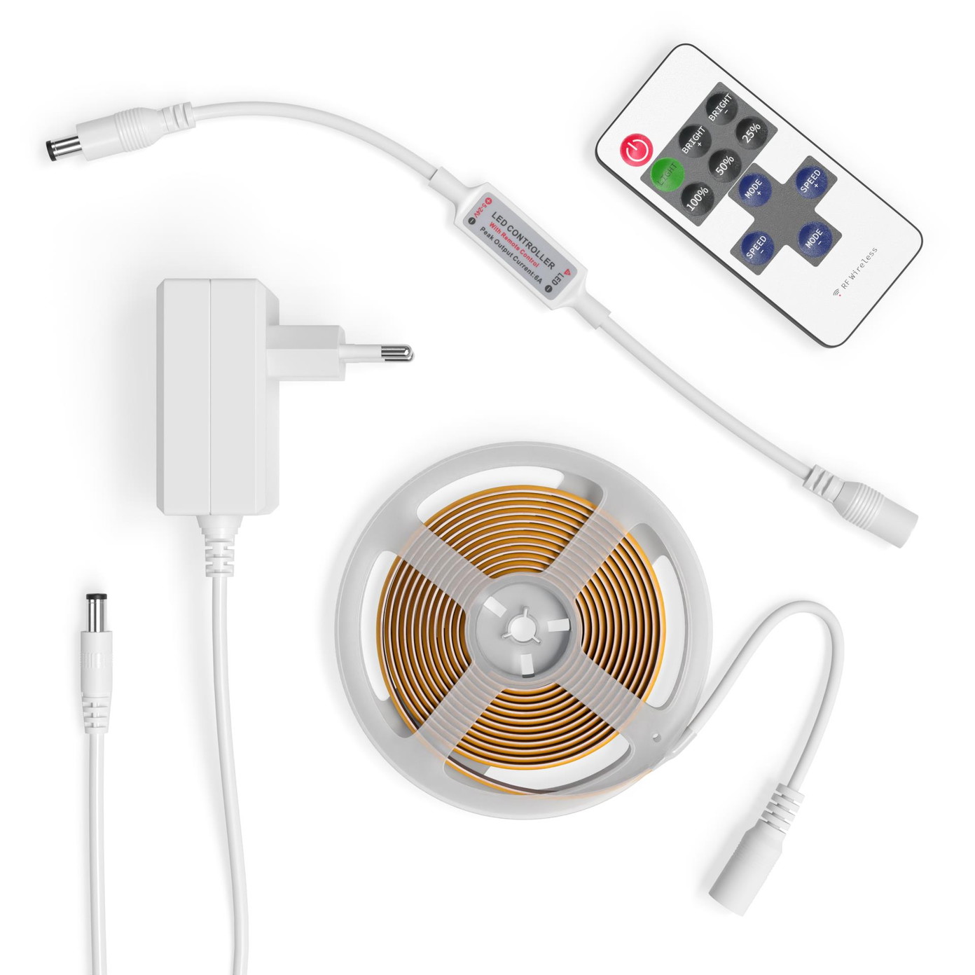 LED juostos komplektas AVIDE, IP20, 16W, 3000K, 978 lm, COB, 24V, su pultu, 2m-0