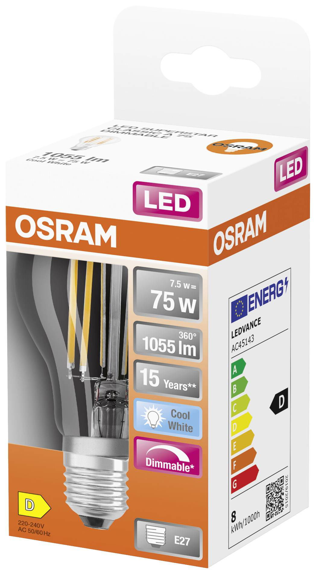 LED lemputė OSRAM Filament, E27, A75, klasikinės formos, 7,5W, 4000K, 1055lm, dim, skaidri-1