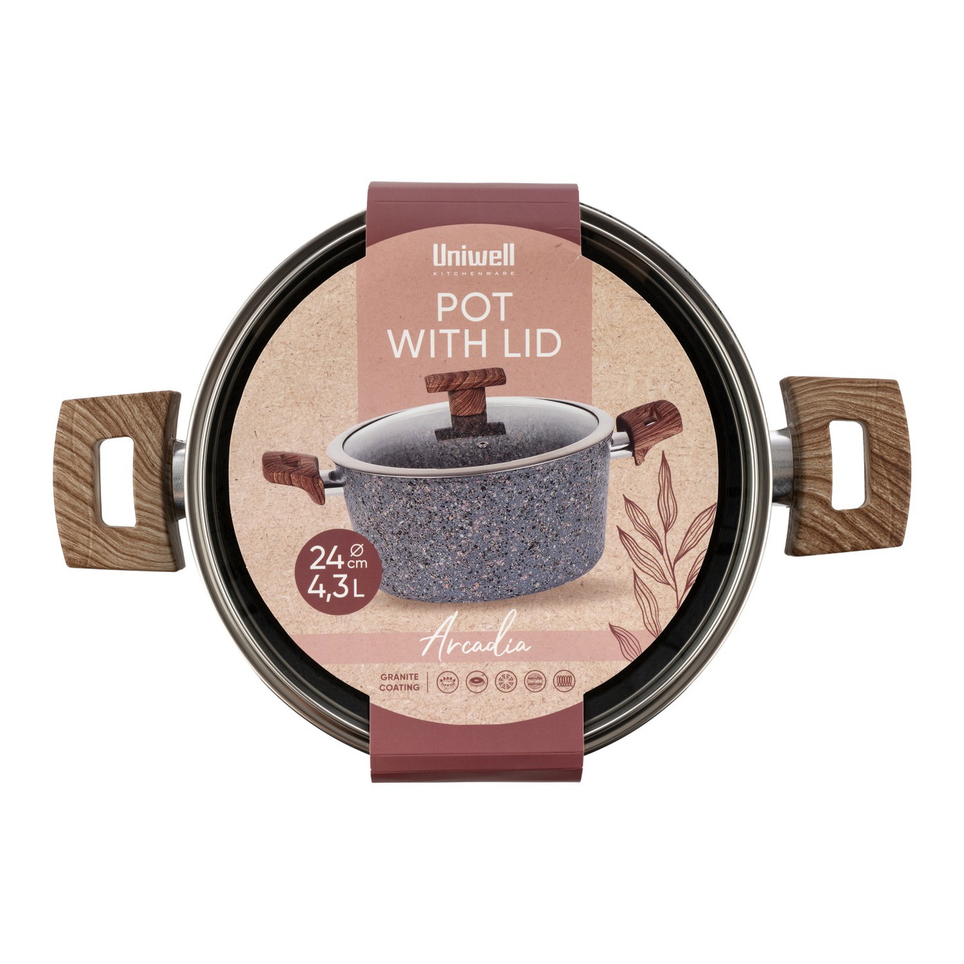 Puodas nepridegančia danga UNIWELL GREY-SANDY, tinka ir indukcinei, su dangčiu, 24 cm-1