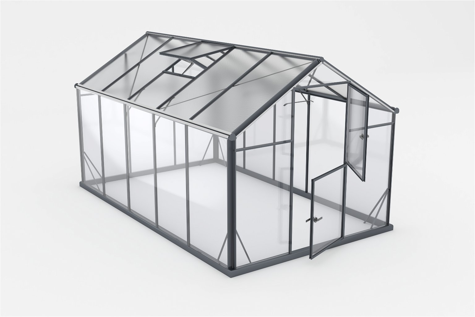 Šiltnamis SANUS HYBRID L-8 (2,20x3,60m) RAL9005, 4mm grūdinto stiklo sienos, 6mm polikarbonato stogas