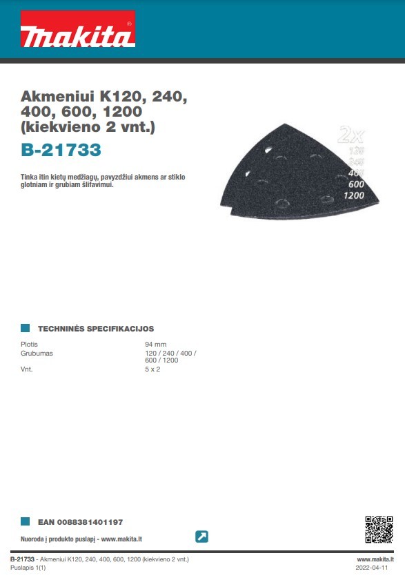 Trikampiai šlifavimo lapeliai MAKITA, 93 mm, G120/240/400/600/1200, akmeniui, 10 vnt.-1