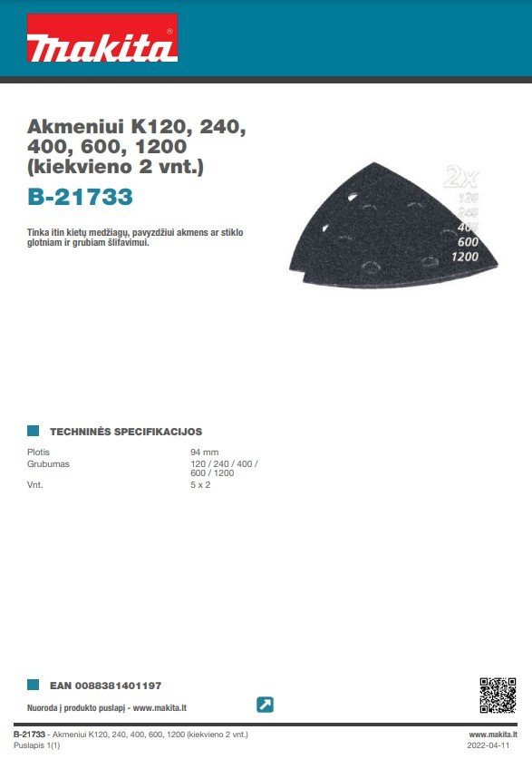 Trikampiai šlifavimo lapeliai MAKITA, 93 mm, G120/240/400/600/1200, akmeniui, 10 vnt. - 2