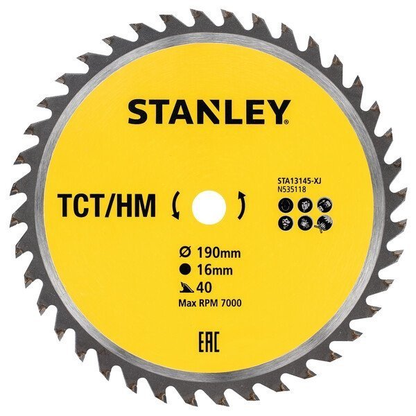 Medžio pjovimo diskas STANLEY, 190 x 16 mm, 40 dantų, TCT/HM