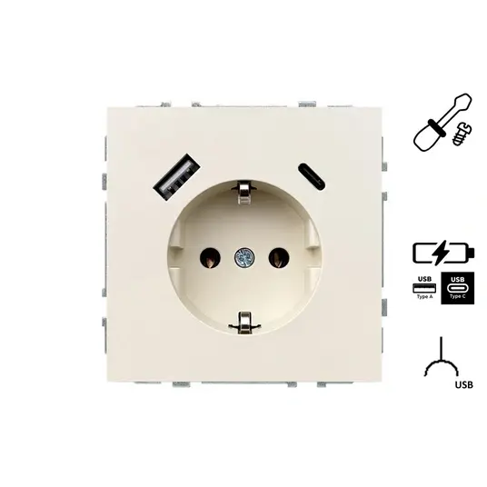 Kištukinis lizdas MODERN, su įžeminimu ir USB A+C krovikliu, smėlio sp.-0