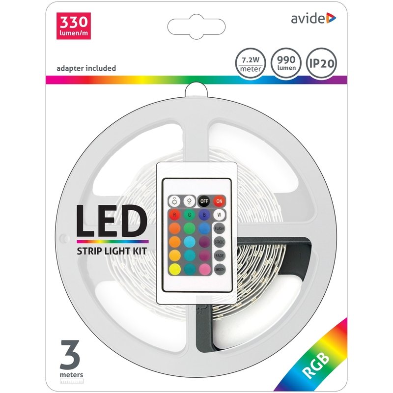 LED juostos komplektas AVIDE, IP20,RGB, 30 LED, 22W, 990 lm, su pultu, 3m - 1