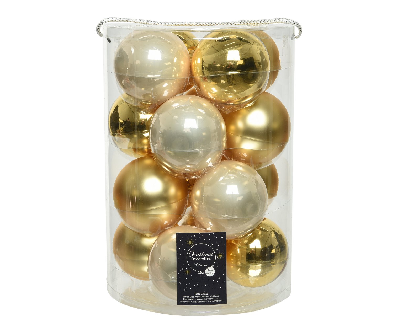 Kalėdinių eglės žaisliukų rinkinys GLASS SHINY, kreminės/auksinės sp., įvairių rušių, 8 cm, 16 vnt