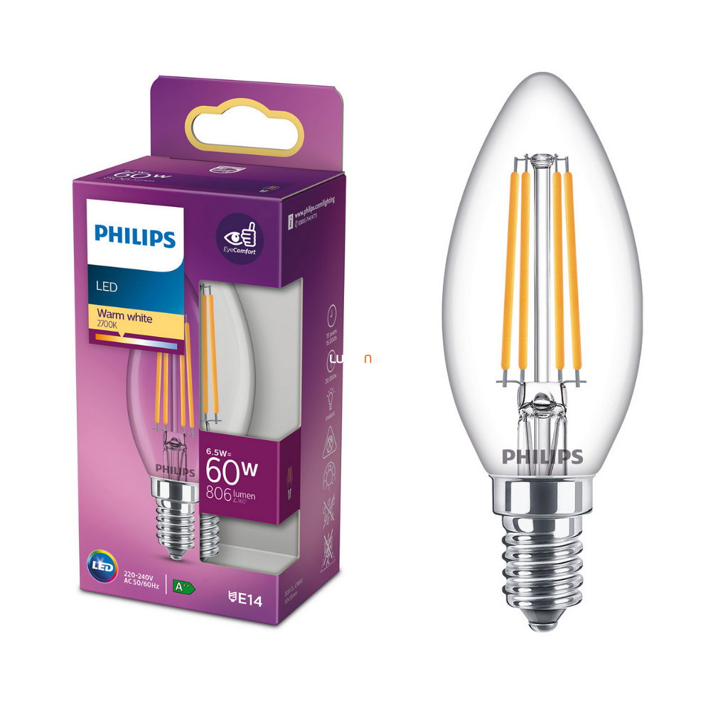 LED lemputė PHILIPS Classic, B35, E14, 5,9W (=60W), 2700K, 806 lm, šiltai baltos sp.-0