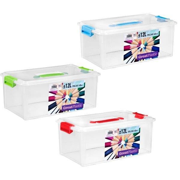 Daiktų laikymo dėžė GreatPlastic, su dangčiu, plastikinė, skaidri, su įv. spalvų rankenomis, 12 L
