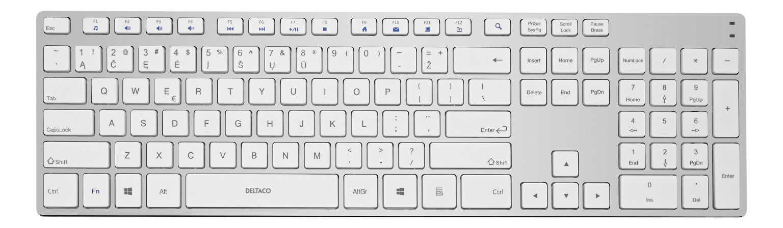 Bevielė klaviatūra DELTACO TB-802-W-LT, baltos sp