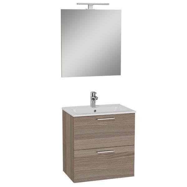 Vonios baldų komplektas VITRA MIA 60, 60 x 38 x 59,5 cm, spintelė, praust., veidr. su LED, ąžuol.
