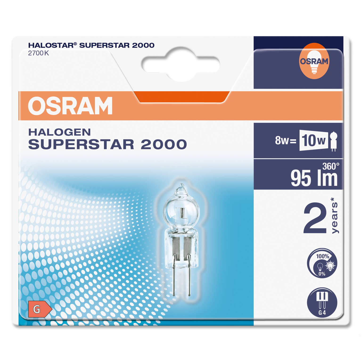Halogeninė lemputė OSRAM, G4, 8W, 2700 K, 95 lm, 12 V, 2000h-1