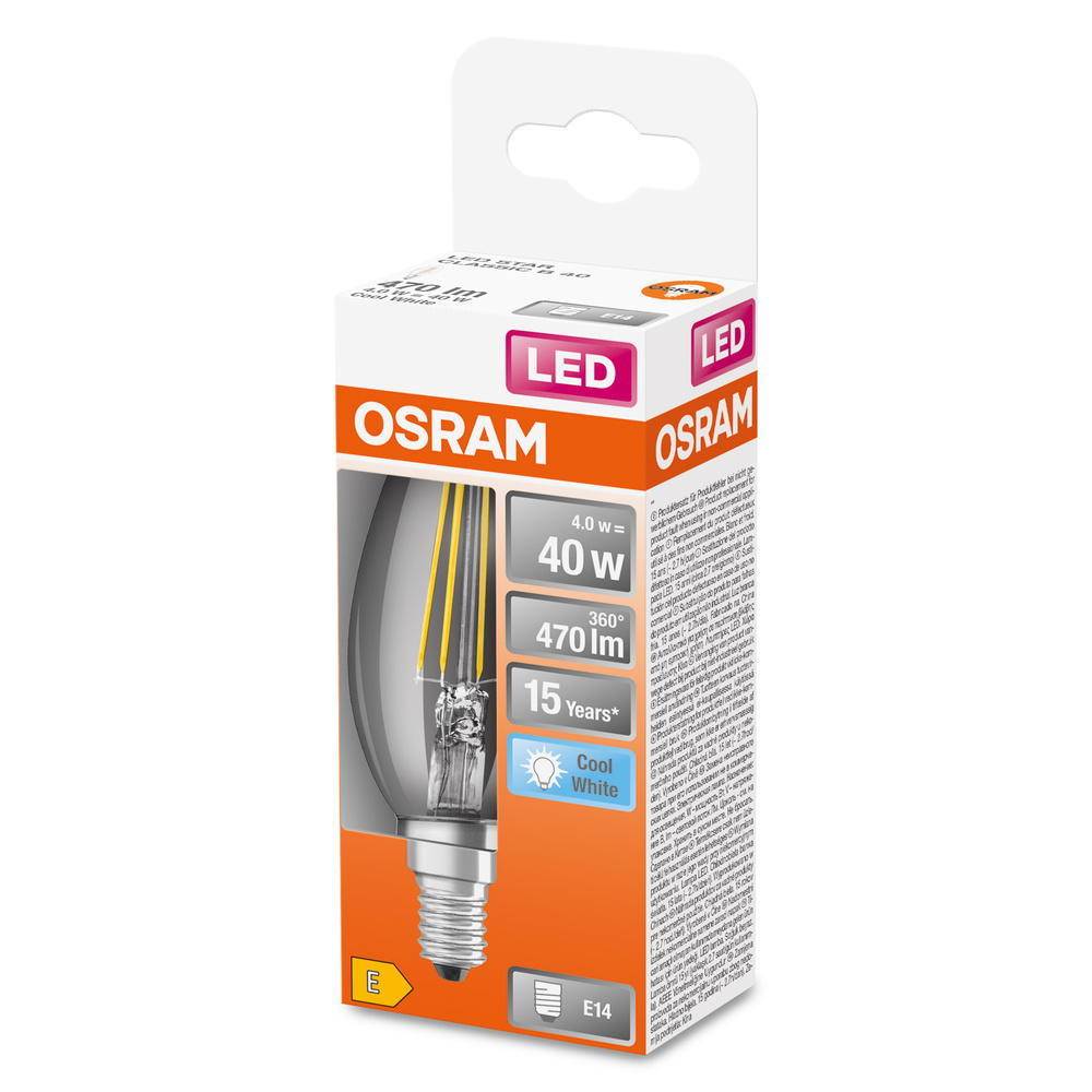 LED lemputė OSRAM Filament, E14, B40, žvakės formos, 4W, 4000K, 470 lm, non-dim, skaidri-1