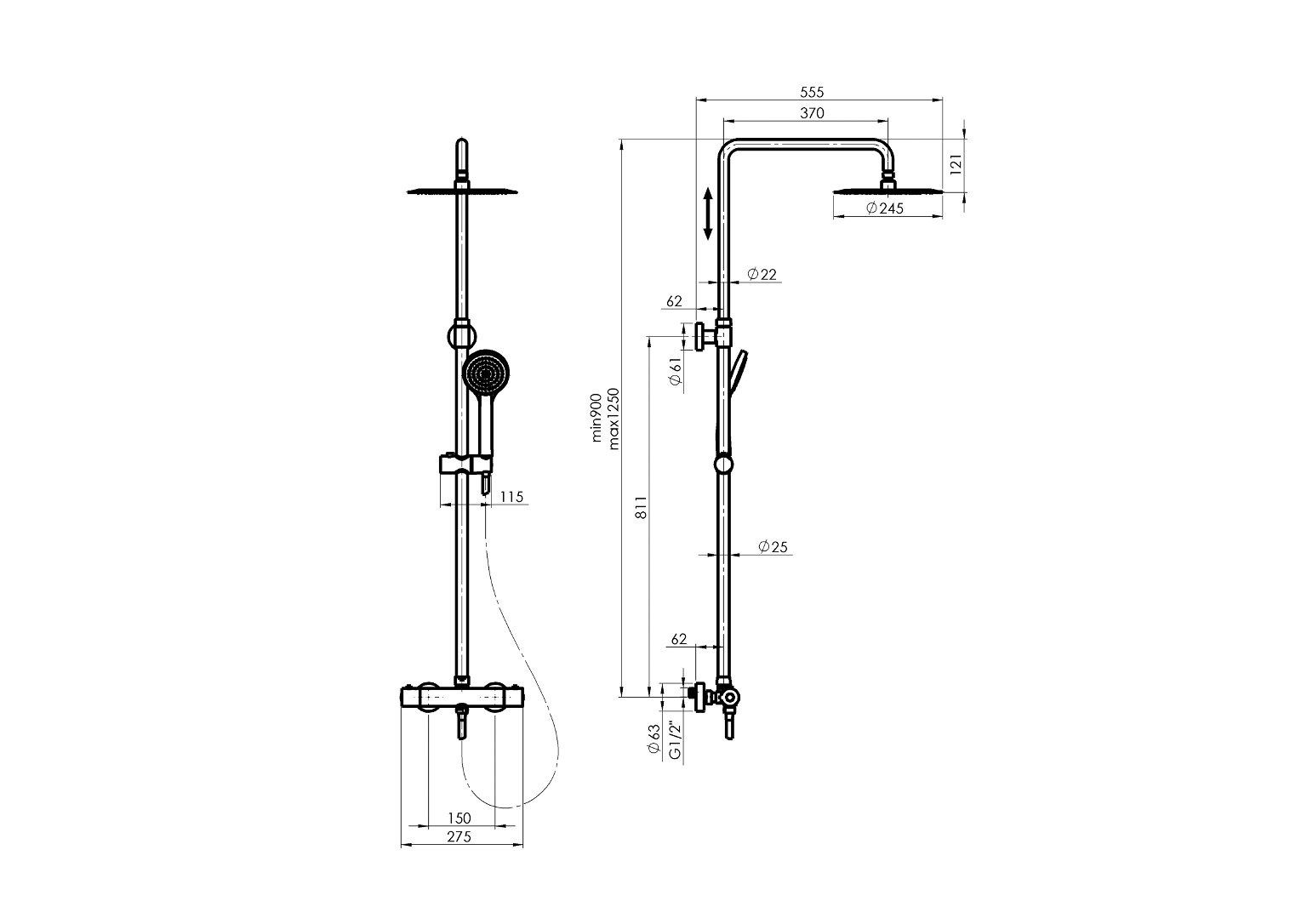 Dušo sistema RUBINETA OLO+THERMO-15: lietaus ir rank. dušas, termost. maišyt. - 2